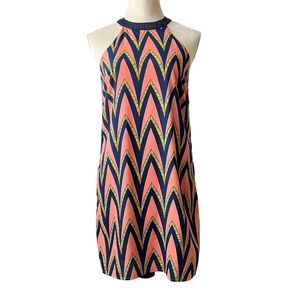 Pink Owl Multicolored Zig Zag Shift Boho Jewel High Neck Mini Dress